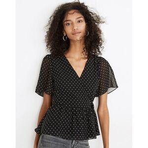 Madewell Black White Polka‎ Dot Wrap Blouse Top Flutter Cottagecore Workwear